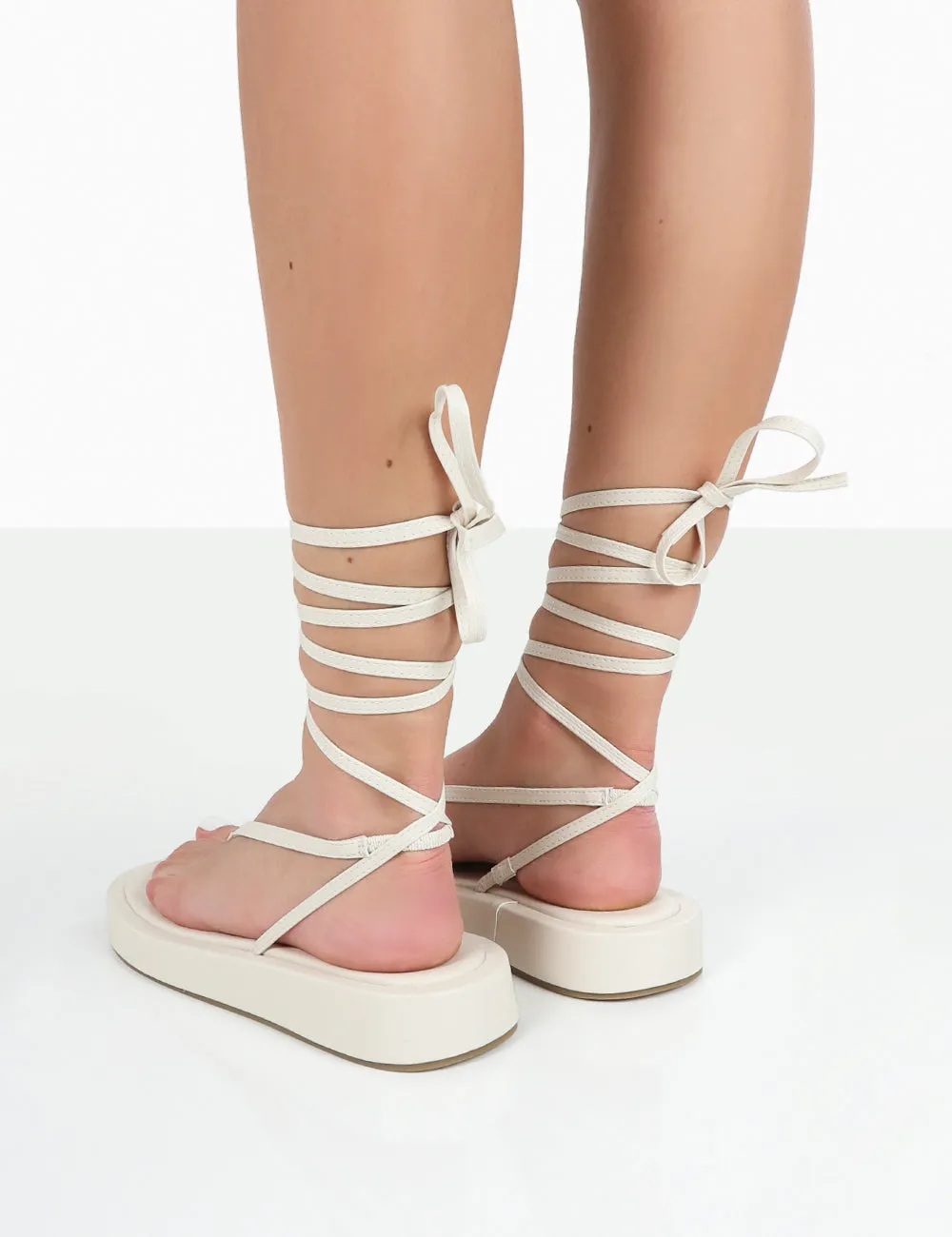 Beach Babe Ecru Lace Up Toe Thong Flatform Sandals