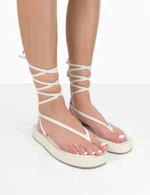 Beach Babe Ecru Lace Up Toe Thong Flatform Sandals
