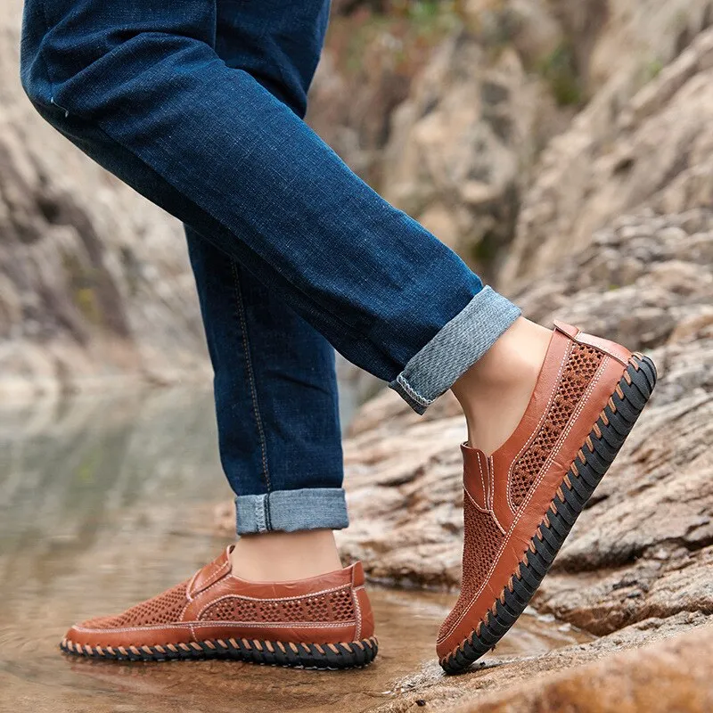 Hnzxzm New Summer Genuine Leather Men Loafers Breathable Mesh Shoes Soft Fashion Men Beach Sandals Summer Male Loafers A2398