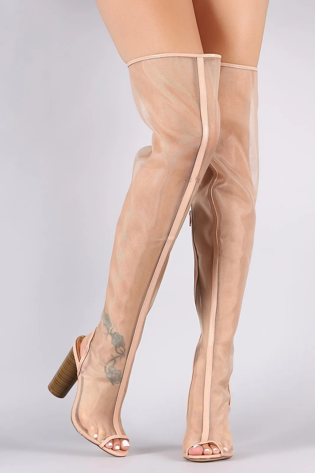 Liliana Mesh Peep Toe Chunky Heeled Over-The-Knee Boots