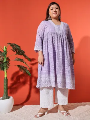 MIMI - PURPLE AND WHITE THREAD WORK KURTA PLUS CO-ORDS SET