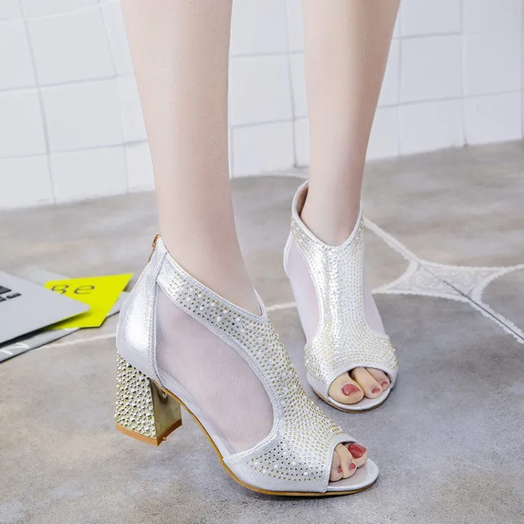 Nude Strappy Block Heels Chunky Heel Peep Toe Mesh Shoes