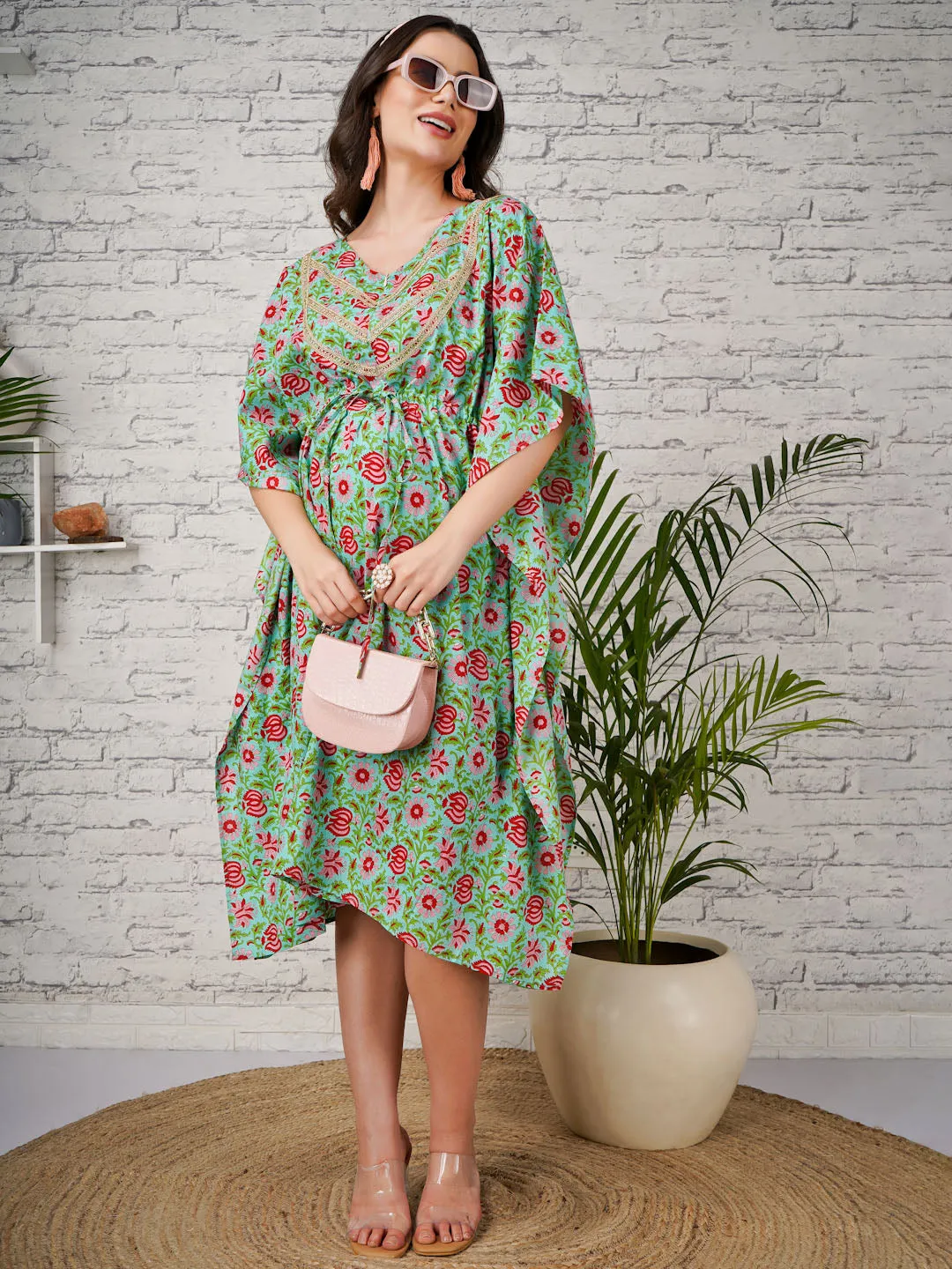 SHREY - GREEN FLORAL PRINT MATERNITY KAFTAN WITH EMBROI