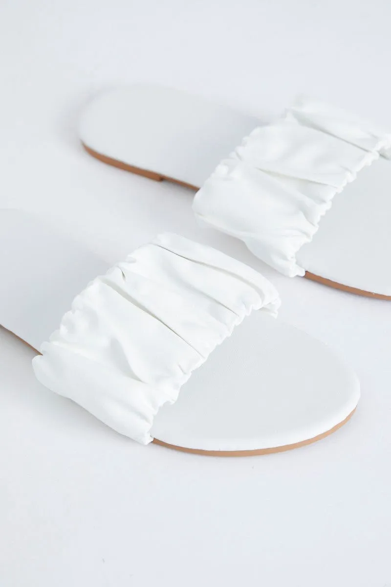 White Ruched Top Flat Sliders